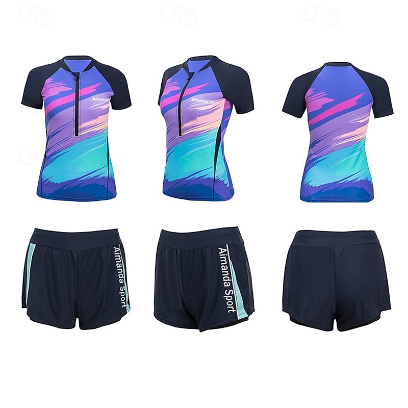 Dam Rash-guards Baddräktsset 2-delade baddräkter med shorts Lappverk Dragkedja fram UPF50+ Snabb tork Hög Elasisitet Kortärmad Badkläder Surfing Dykning Snorkelfenor Sommar 2026 - $40.99 –P16