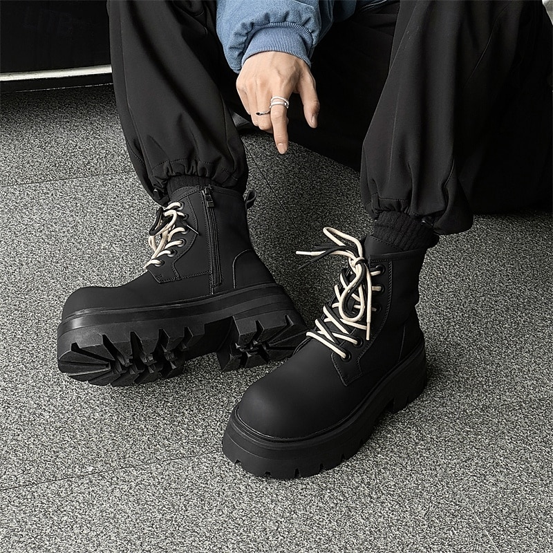 Homme Bottes Bottes de Travail Marche ancien Quotidien PU Augmentation de la hauteur Confortable Bottes Mi-Mollet À lacets Noir Automne Hiver de 2026 ? $79.99 –P6
