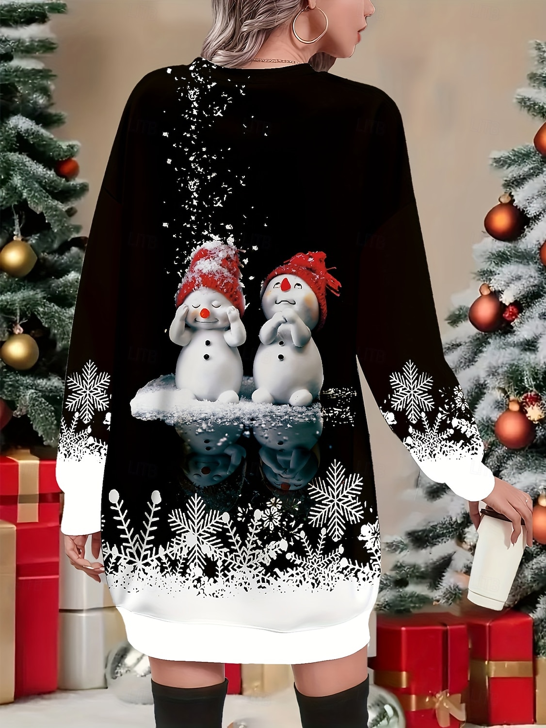 Jul Dam Knälång klänning Mini klänning Tröjklänning Skiftklänning Semester Ledigt Födelsedag Datum Normal Grafisk Ful jul Långärmad Rund hals Svart Vår Höst Vinter 2025 - $31.99 –P2