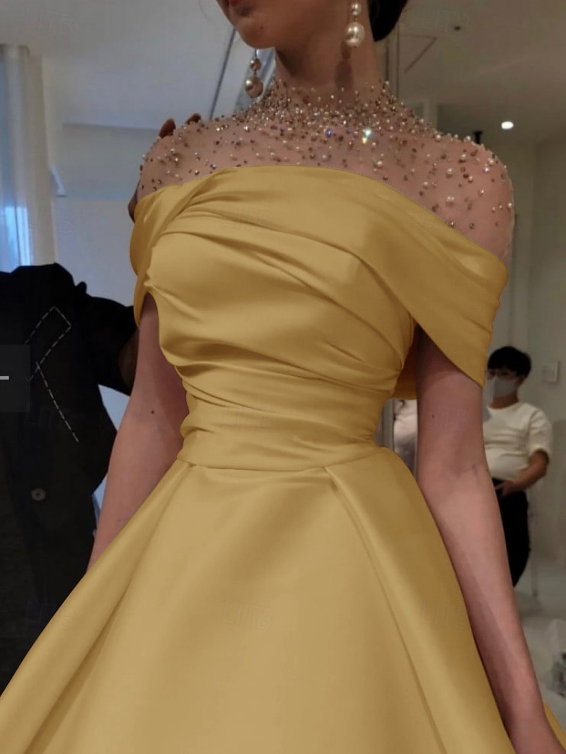 Ligne A Longueur au sol Robes de Bal Robe de Soirée Tenue de soirée Élégant Manche Courte Col Illusion Formel Satin avec Froncé Perlage de 2025 ? $169.99 –P8