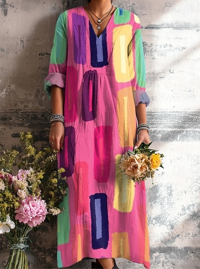 Ostern Damen Midikleid Sommerkleid A Linie Kleid Urlaub Lässig Boho Ausgehen Strand Lässiger Schnitt Blumen Grafik Geometrisch Langarm V Ausschnitt Gelb Rosa Orange Grün Sommer Frühling Herbst Winter 2025 - $35.99 –P4