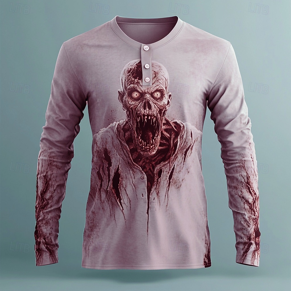 Camicia Grafica Zombie da Uomo Henley Manica Lunga Fashion Carina Casual Giornaliero Vacanza Autunno Primavera  Autunno Verde Rosso Blu Viola Grigio Henley T-Shirt Henley del 2026 a $21.99 –P6