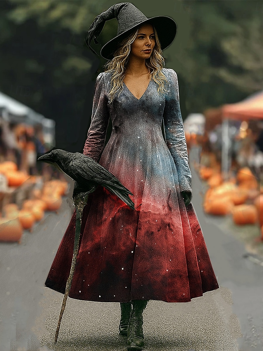 Halloween Women's Midi Dress A Line Dress Vacation Casual Boho Beach Regular Fit Graphic Abstract Long Sleeve V Neck White Dark Red Wine Brown Spring Fall Winter 2025 - $33.99 –P4