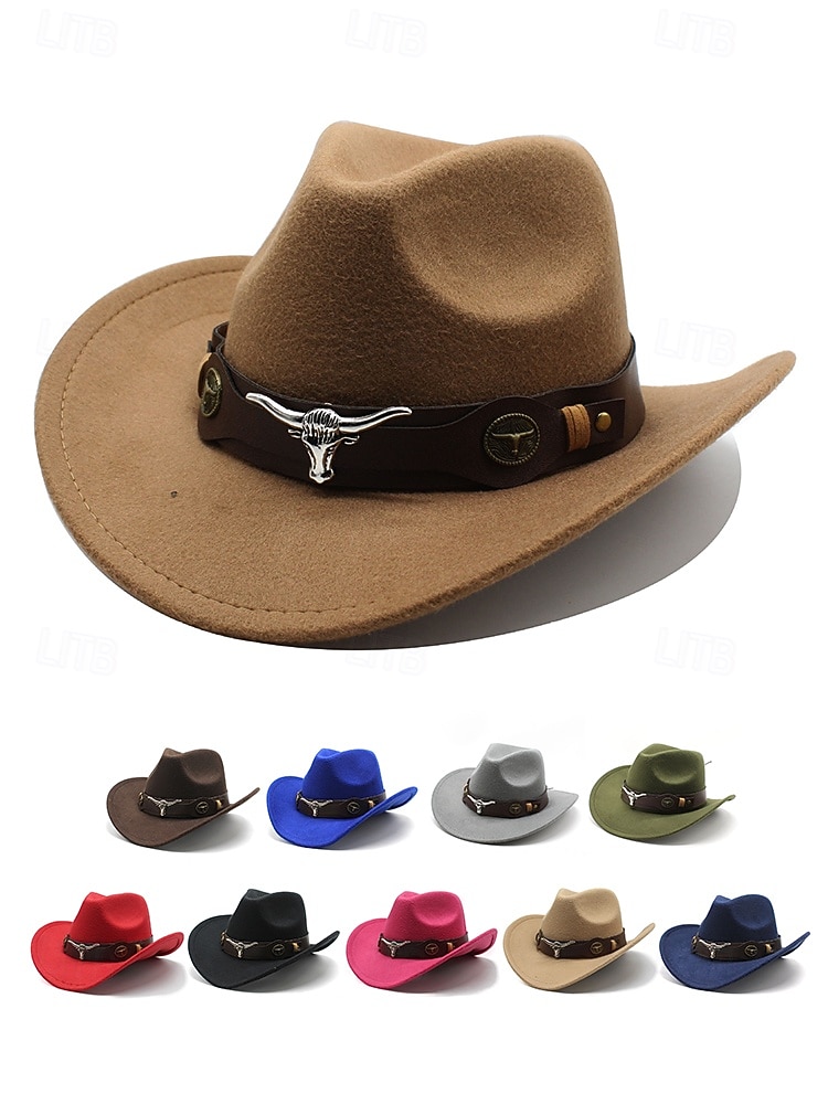 Chapéu de cowboy masculino com faixa de cabeça de touro – chapéu fedora vintage de feltro com aba larga para rodeio, estilo ao ar livre e presente de Natal de 2026 por $29.99 –P3