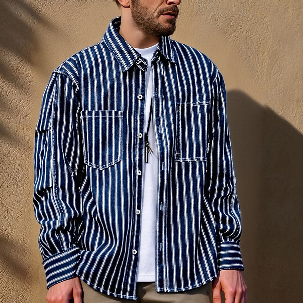 Per uomo Camicia Camicia casual Camicia con Bottoni Camicia di Jeans Nero Blu Manica Lunga A righe Bavero Vacanza Ferie Tasca Abbigliamento Poliestere Moda Casual Confortevole del 2026 a $42.99 –P1