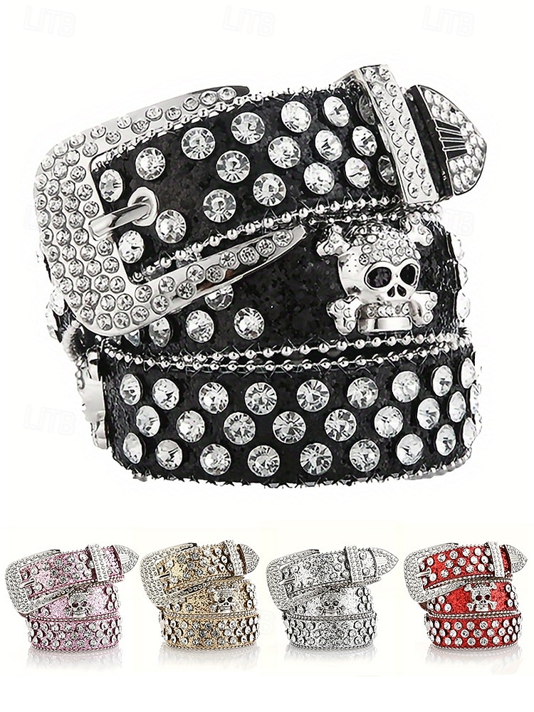 Ceinture unisexe Halloween en strass avec tête de mort – Accessoire de taille en similicuir punk rock scintillant pour fêtes, concerts et costumes de 2025 ? $18.99 –P3