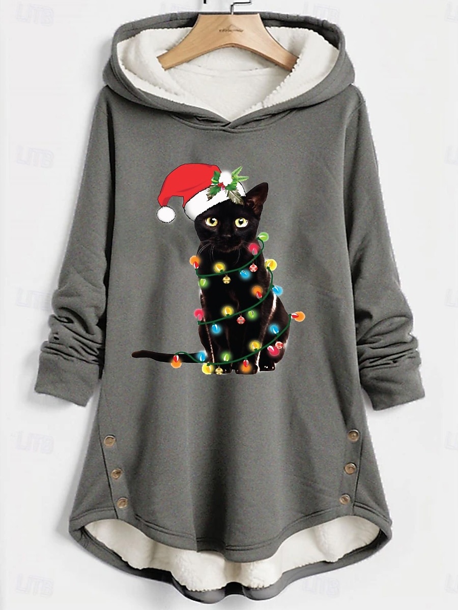 Dame Pullover hettegenser-genser Grafisk Dyr Katt Varm Fritid fuzzy Langermet Med hette Lange topper Avslappet Sport Trykt mønster Rosa Blå Grå Høst Vinter 2025 - $33.99 –P5