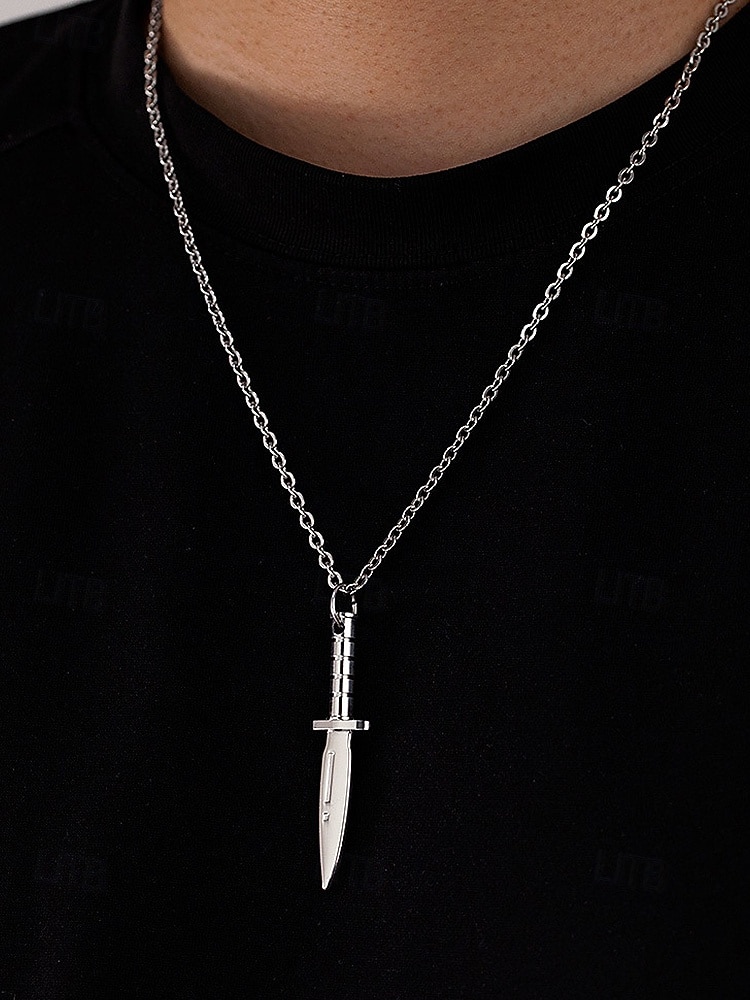 Мужское ожерелье с кулоном в виде кинжала из титановой стали – готическая панк-цепочка с ножом для вечеринки на Хэллоуин, косплея и повседневной носки 2026 - $11.99 –P1