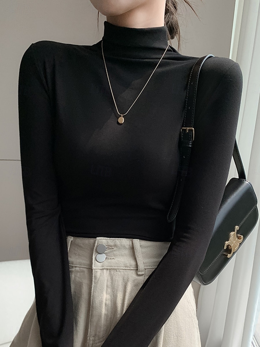 Per donna Blusa Tinta unica Elegante Essenziale Casual Manica Lunga Dolcevita Top Regolari Quotidiano Nero Bianco Rosa Marrone Beige Primavera Autunno Inverno del 2025 a $16.99 –P1