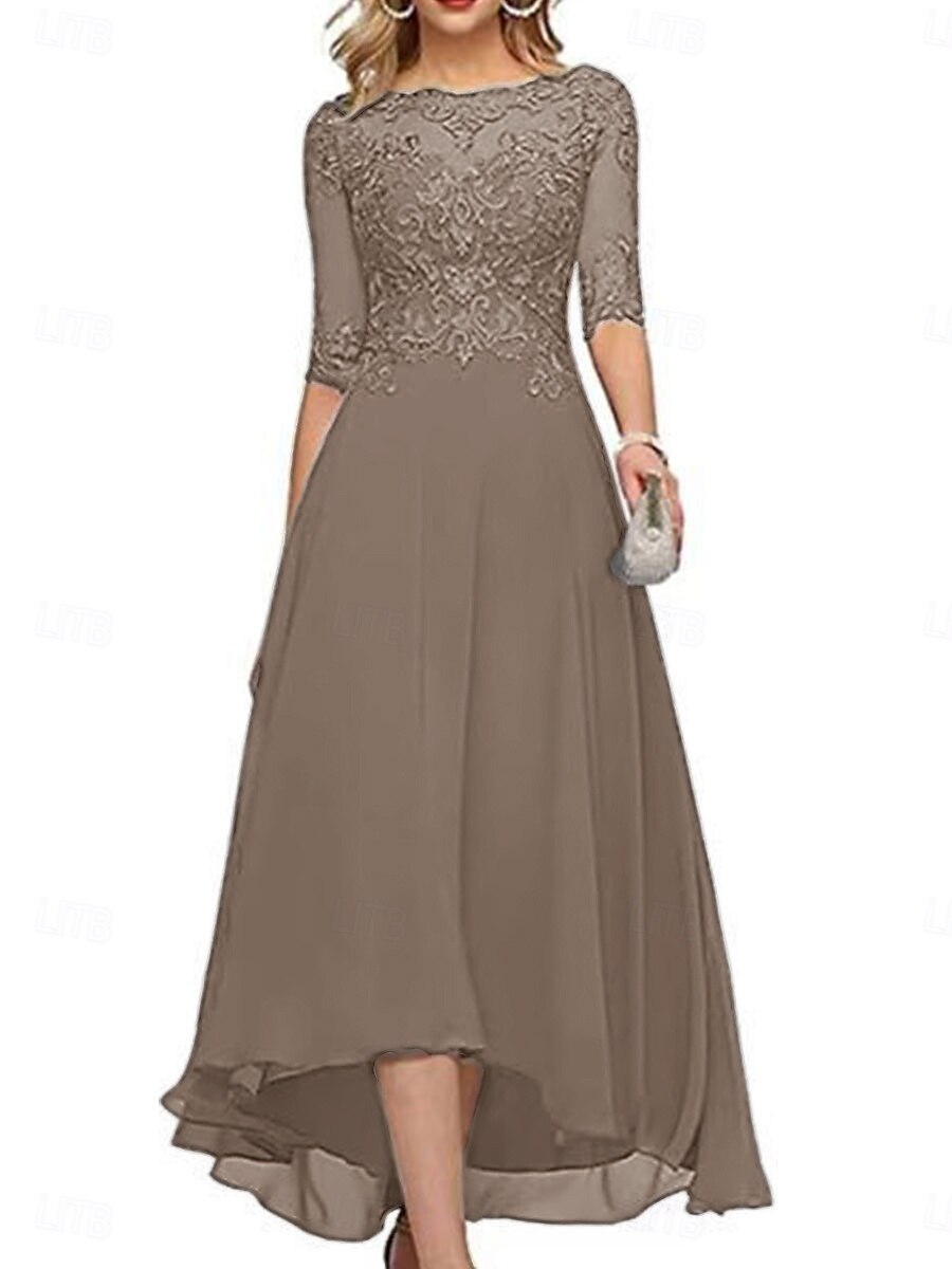 Robe A-Line mère de la mariée invitée de mariage formelle élégante col rond longueur de sol en chiffon à demi-manches avec couleur unie de 2025 ? $139.99 –P16