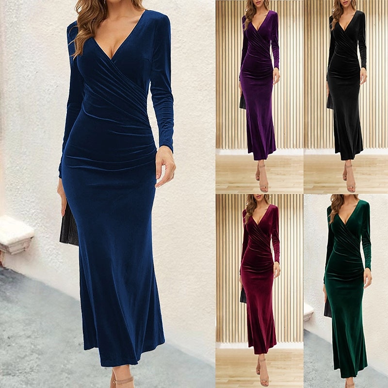 Damen Langes Kleid Maxikleid Samtkleid Abschlussballkleid Partykleid Elegant Modern Party Abendgesellschaft Date Normale Passform Hahnentrittmuster Einfach Langarm V Ausschnitt Schwarz Wein Blau 2025 - $27.99 –P1