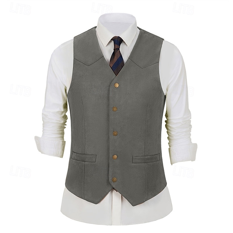 Herren Weste aus Wildlederimitat Weste Gilet Urlaub Party Geschäft Mode Lässig Frühling Herbst Tasche Knöpfe Polyester Bequem Einfach Einreihig Ein-Knopf V Ausschnitt Normale Passform Schwarz 2025 - $32.99 –P2