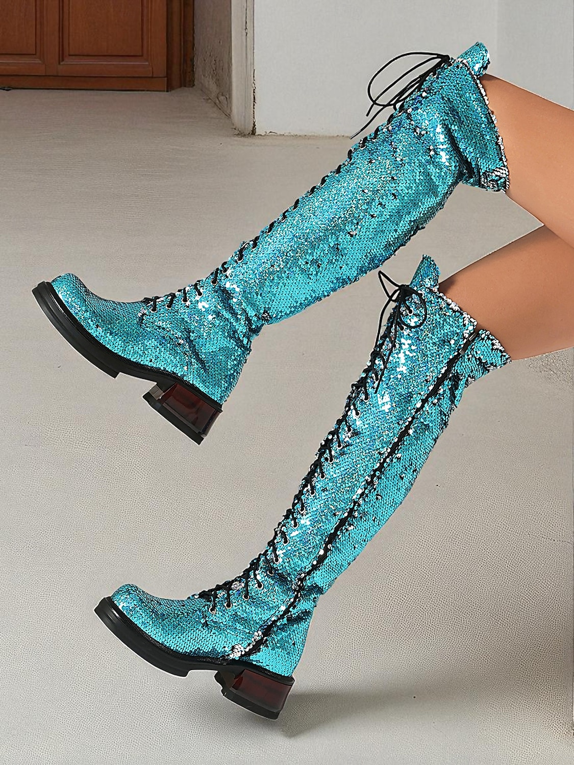 türkisfarbene, kniehohe Schnürstiefel für Damen mit Pailletten – glitzernde Party-Schuhe im Combat-Stil für das Nachtleben und Club-Outfits 2026 - $99.99 –P8