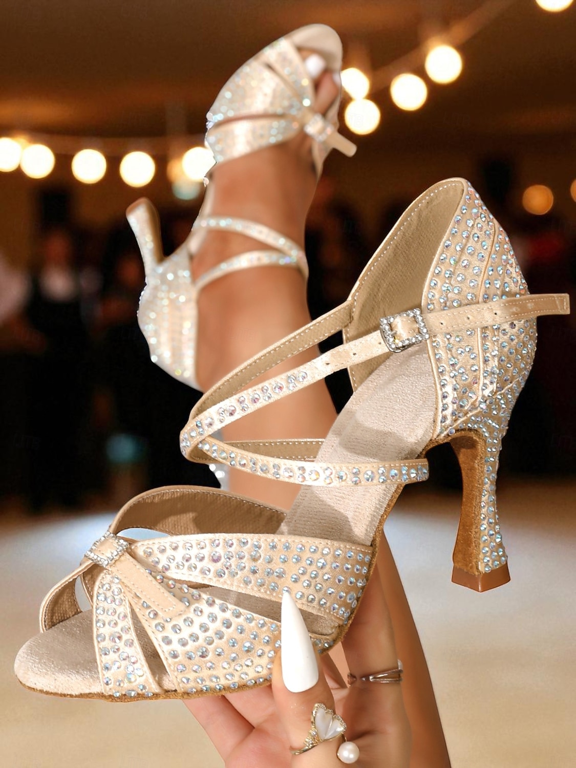 Dámské saténové boty na latinskoamerické tance s otevřenou špičkou a kamínkovými detaily, elegantní a třpytivý design, ideální na Gatsby párty a taneční plesy 2026 - $64.99 –P5