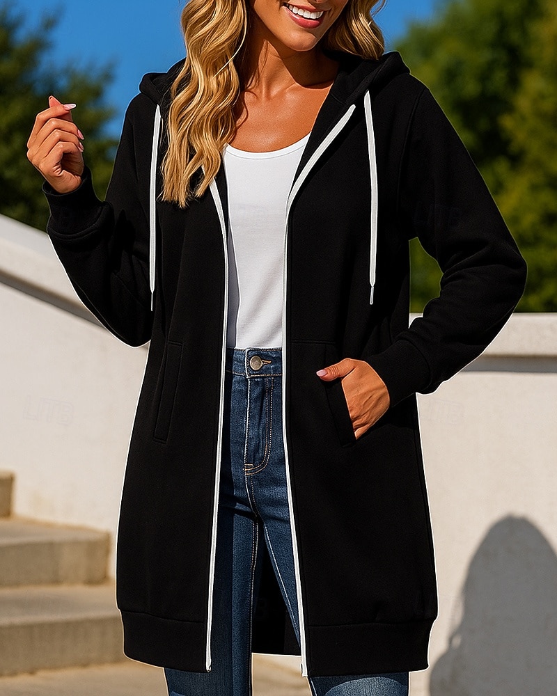 Mulheres Cor Sólida Moletom com zíper Moletom longo com capuz Outono Com Cordão Com bolsos Manga Longa Roupa Esportiva Exterior Viagem Esportivo Preto Branco Vermelho Roupa de esporte Roupas de 2026 por $28.99 –P1