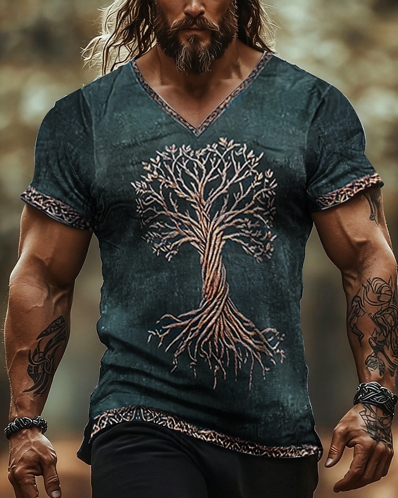 Men's T Shirt Tee Short Sleeve Shirt Tee Top Short Sleeve V Neck Summer Viking Tree Of Life Yggdrasil Vintage Designer Ethnic Style Print Vacation Street Going out Blue Khaki Dark Blue Top Tee for Men 2026 - $19.49 –P3