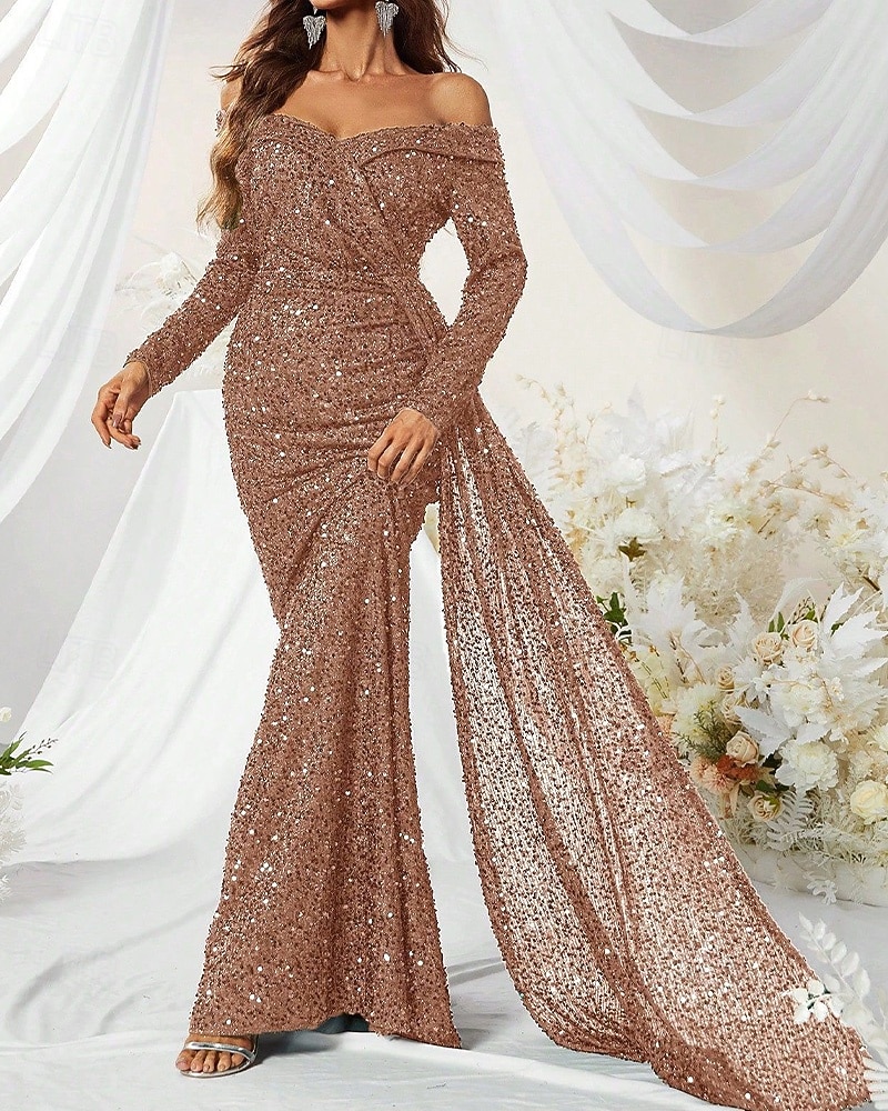 Sereia Vestidos de noite Elegante Traje formal Formal Casamento Cauda Escova Manga Longa Ombro a Ombro Renda com Pregas Franzido 2025 de 2025 por $164.99 –P6
