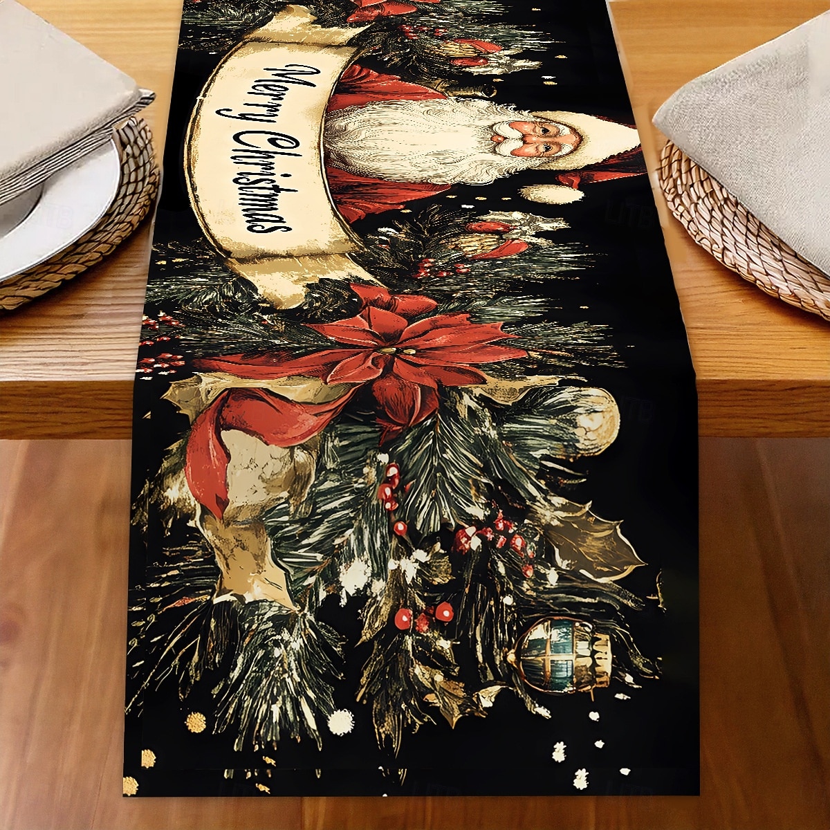 Jul Linneduk Högtids Tecknad Jultomte Snöflinga Tryck Duk Matbord Dekor Vardagsrum Bänkskiva Festlig Dekoration 2025 - $7.99 –P7