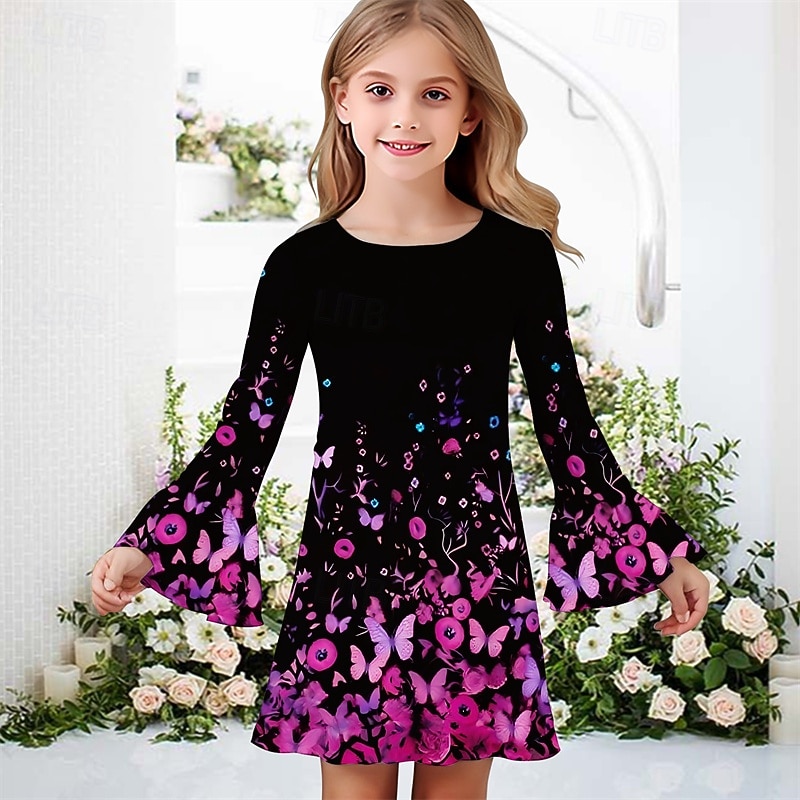Girls ' 3D Mariposa Vestido Vestido de volante Manga Larga Verano Primavera Vacaciones Diario Festivos Hermosa Dulce Niños 4-12 años Vestido informal Hasta la Rodilla Ajuste regular 2026 - $15.99 –P1