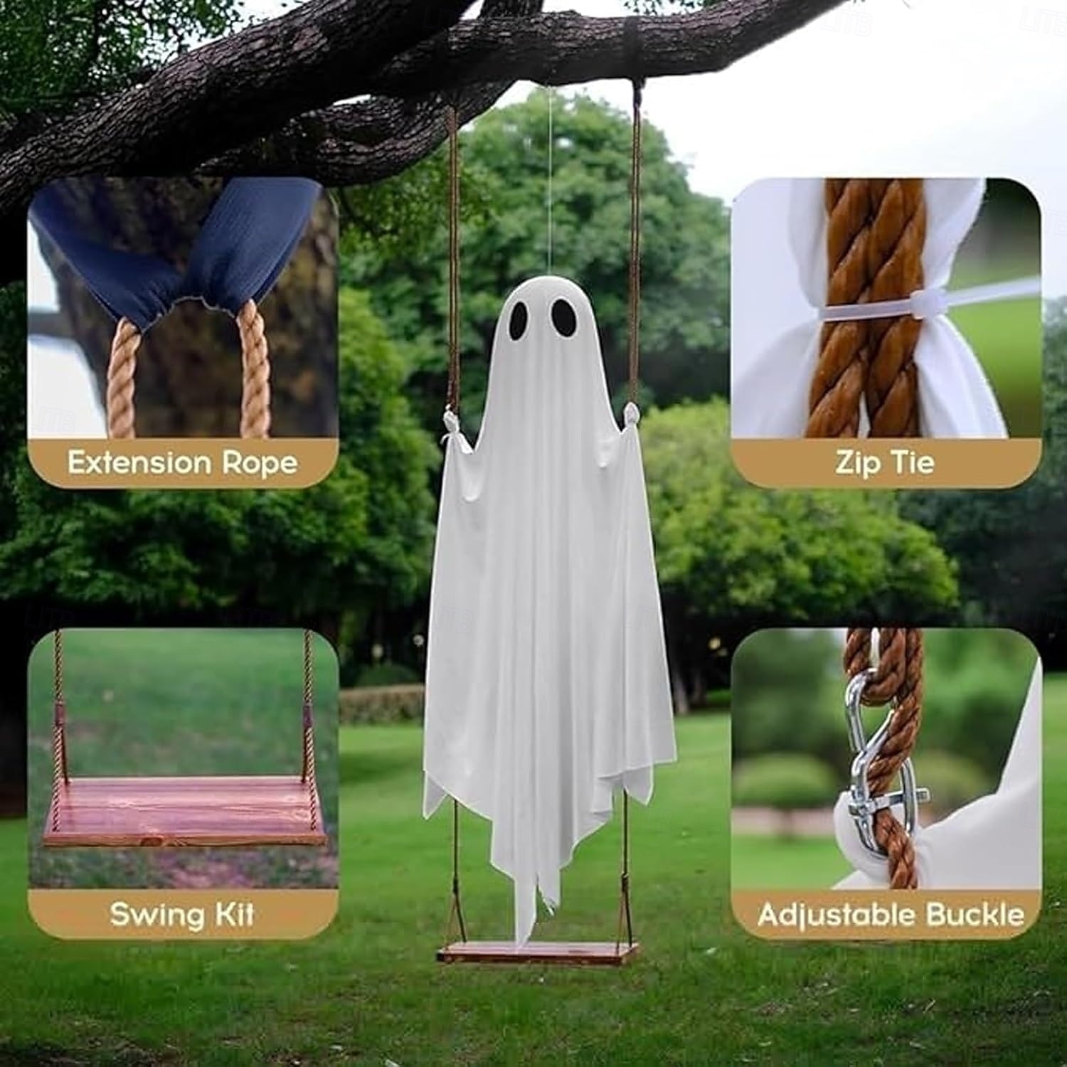 2025年 ハロウィン スイングゴースト デコレーション 屋外用 5.9フィート 大型 吊り下げゴースト スイング リモコン付き ストリングライト付き 不気味でかわいいゴースト デコレーション 木 ポーチ 庭 庭 芝生用  コレクション – $47.99 –P7