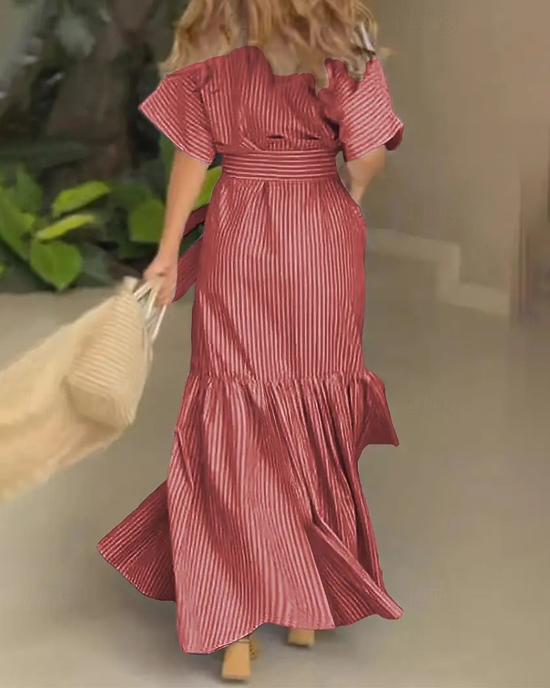 Per donna Abito Lungo Maxi Abito Abito Camicia Moderno Quotidiano All'aperto Vacanza Vestibilità regolare A righe Manica Corta Girocollo Colletto a Camicia Blu Magenta Nero Rosa Primavera Autunno del 2026 a $29.99 –P17