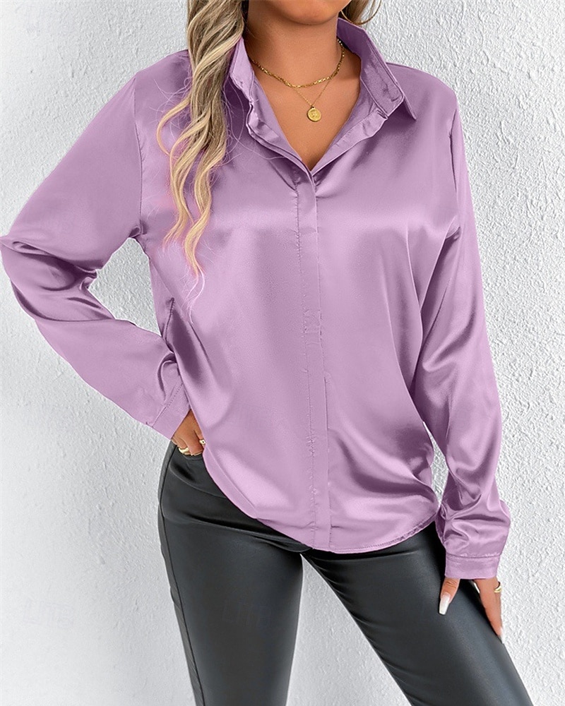Per donna Camicia Camicia in raso Tinta unica Elegante Casual Manica Lunga Colletto a Camicia Top Regolari Quotidiano Uscire Bottoni Rosa Viola Verde Primavera Autunno del 2025 a $16.99 –P2
