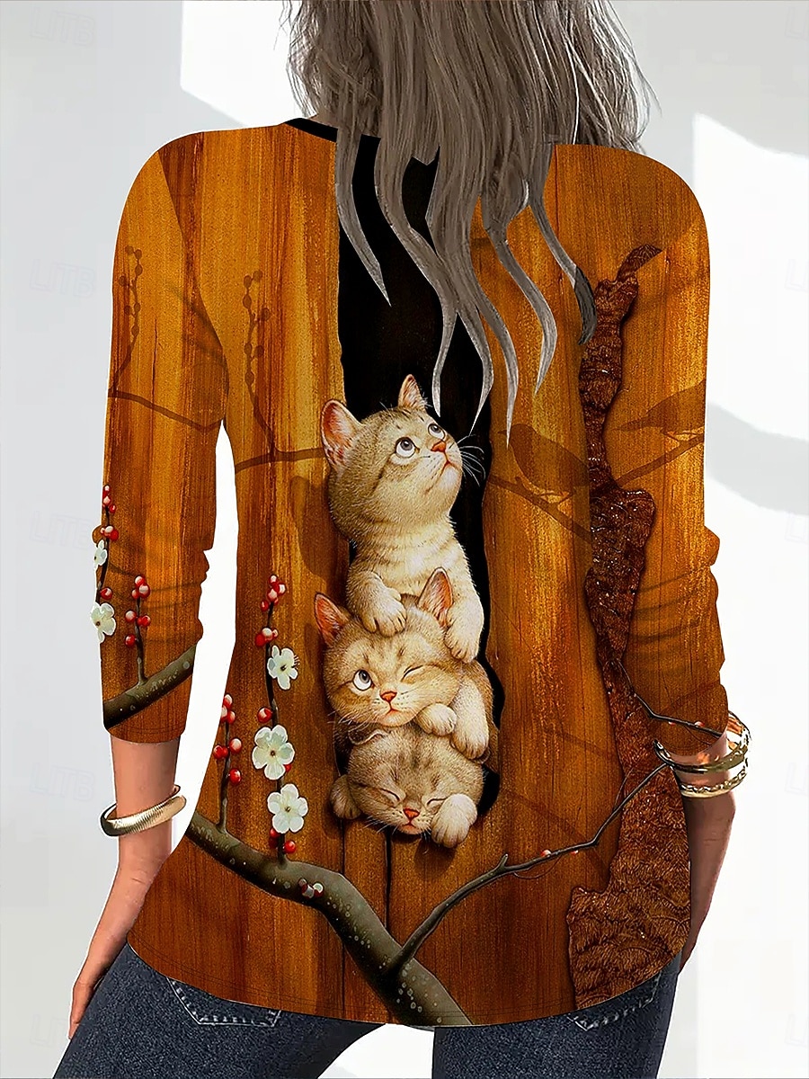 Femmes T-shirt Imprimé Graphique Animal Chat ancien Élégant Classique manche longue Col en V Hauts Réguliers Quotidien Orange Printemps Automne Hiver de 2026 ? $24.99 –P2