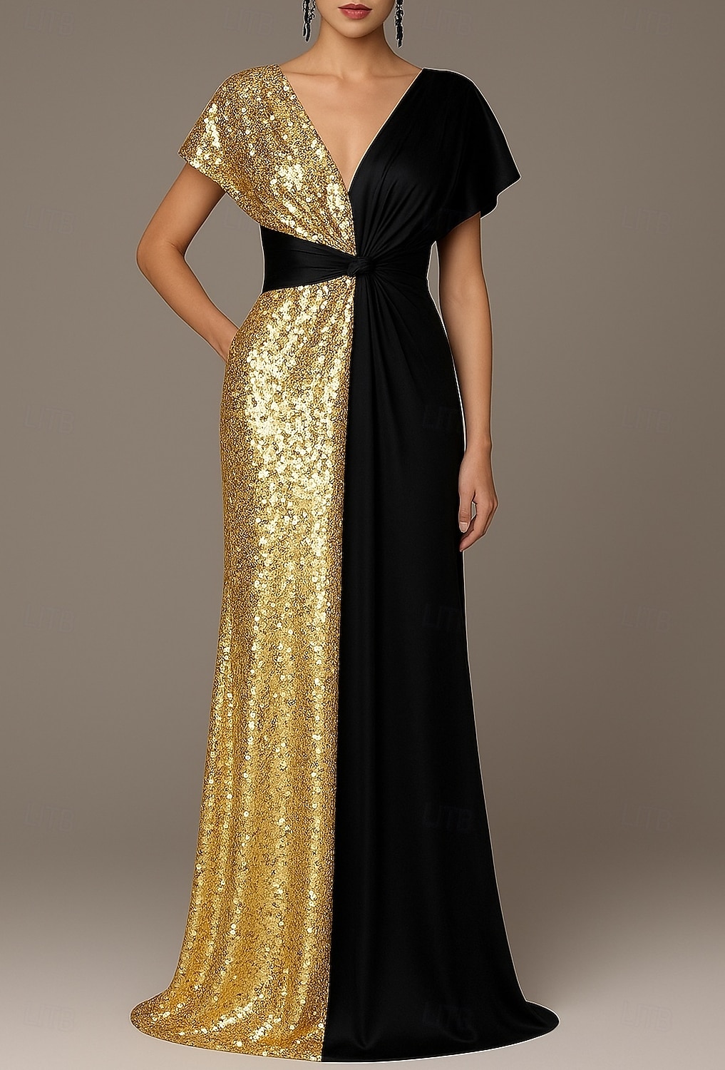 Linha A Longo Vestidos de noite Vestido de Baile Vestido formal Elegante Manga Curta Decote V Casamento Formal Capas Cetim com Purpurina de 2026 por $183.99 –P1