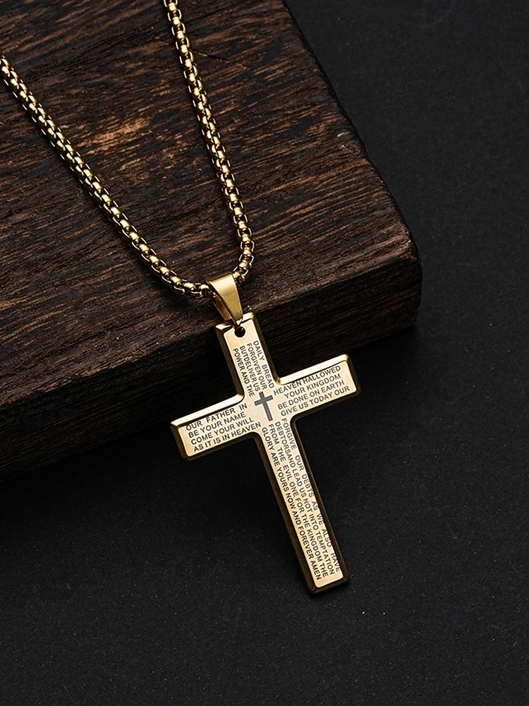 Męski naszyjnik z krzyżem ze stali tytanowej z grawerunkiem modlitwy Pańskiej, łańcuszek z biżuterią religijną dla wyznawców wiary chrześcijańskiej, do noszenia na co dzień i na prezent 2026 - $9.99 –P6