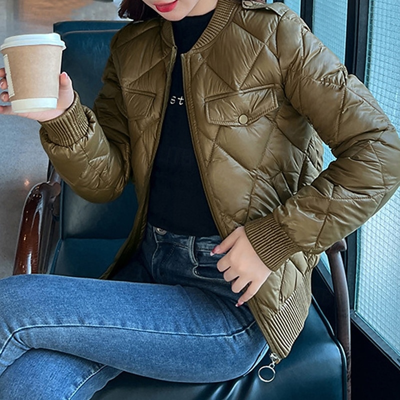 Mulheres Casaco puffer Casaco acolchoado Jaqueta casual Confortável Respirável Zíper Bolsos Casual Tecido Férias Rua Casual Roupa Diária Zíper Curto Colarinho Chinês Normal Manga Longa agasalhos de 2025 por $36.99 –P4