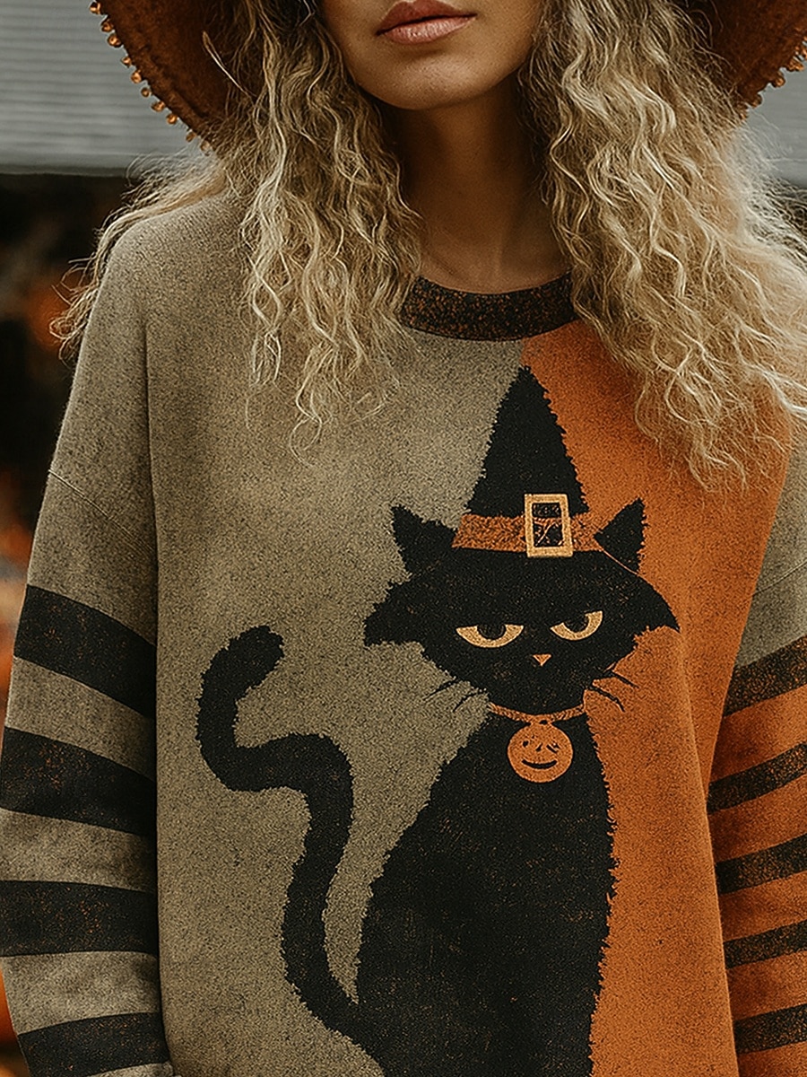 Dame Pullover Grafisk Katt Gresskar Årgang Mote Klassisk Langermet Crew-hals Vanlige topper Avslappet Trykt mønster Oransje Høst Vinter 2025 - $10.99 –P2