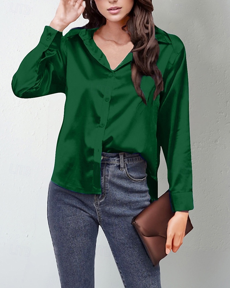 Damskie Koszula Elegancki Szykowny Top satynowy Guziki Jednokolorowe Elegancki Codzienny Długi rękaw Kołnierzyk koszuli Zwykłe topy Codzienny Wyjściowe Niebieski Jasnozielony Rumiany róż Żółtobrązowy 2026 - $27.99 –P7