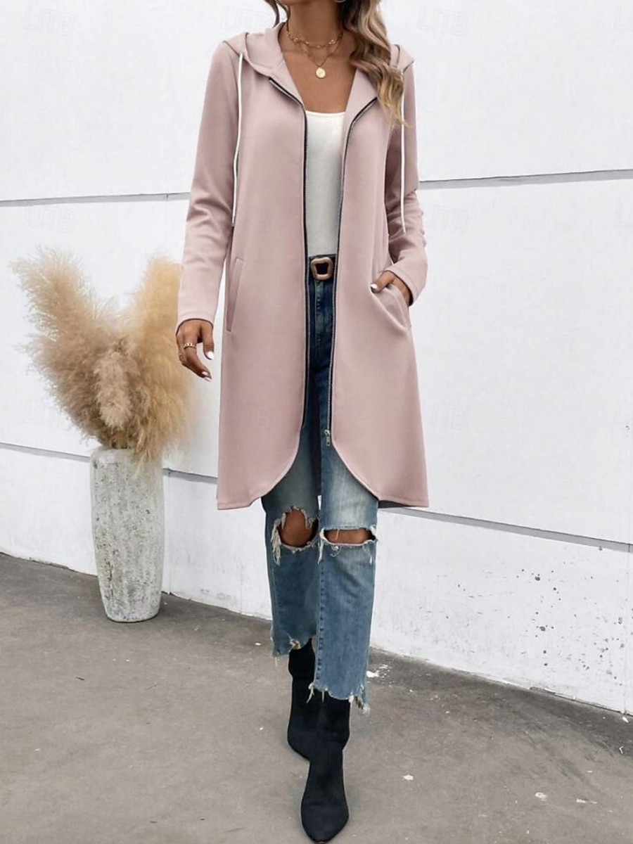 Dam Vardaglig jacka Hoodiejacka Bekväm Andningsfunktion Dragkedja Ficka Ledigt Slät Semester Gata Ledigt Dagliga kläder Dragkedja Lång Huva Normal Långärmad Ytterkläder Svart Rodnande Rosa Grå Vår 2025 - $27.99 –P5