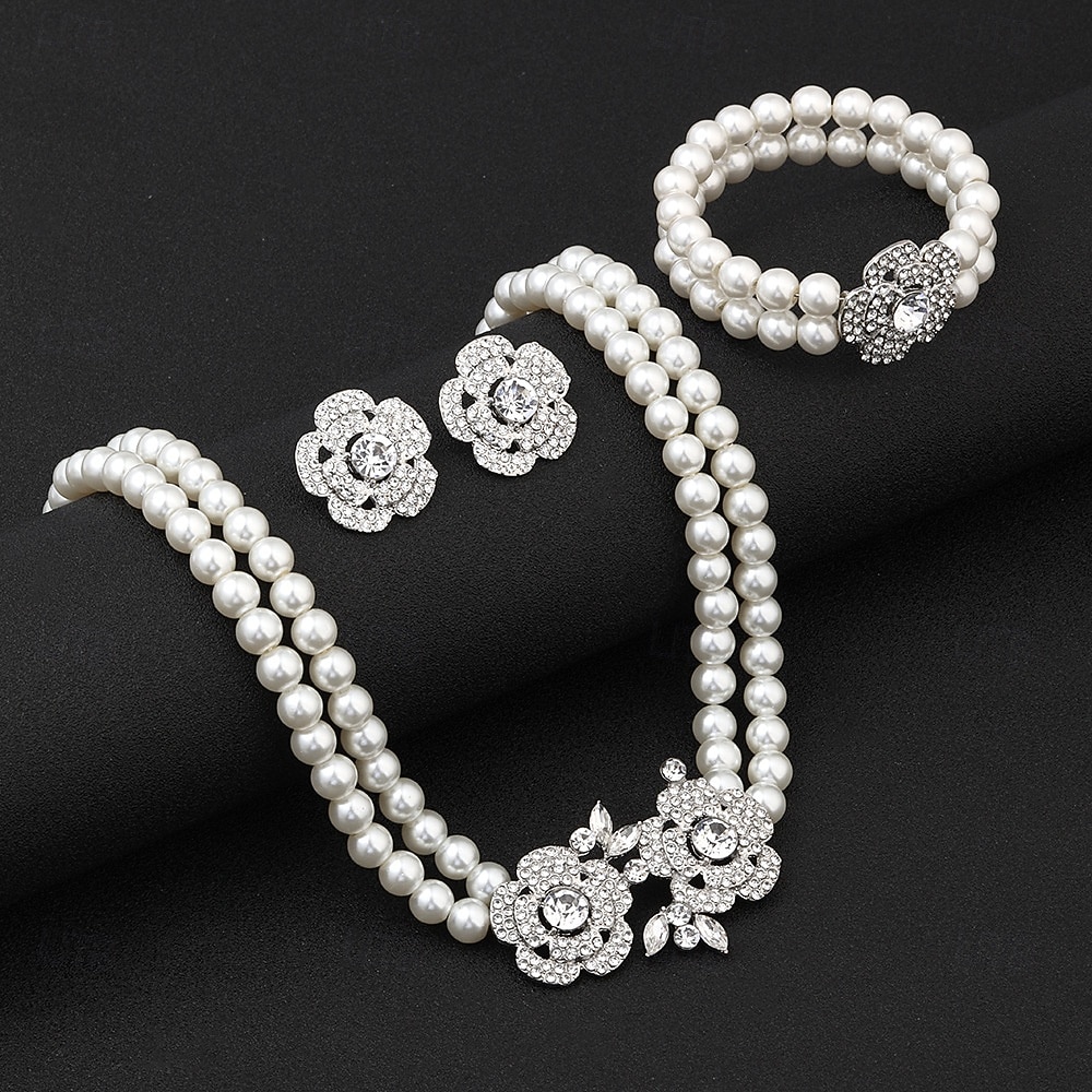 Women's Pearl Jewelry Set with Crystal Flower Accents - Vintage Gatsby Style Necklace, Earrings and Bracelet for 1920s Party and Cocktail Events 2025 - $19.99 –P2