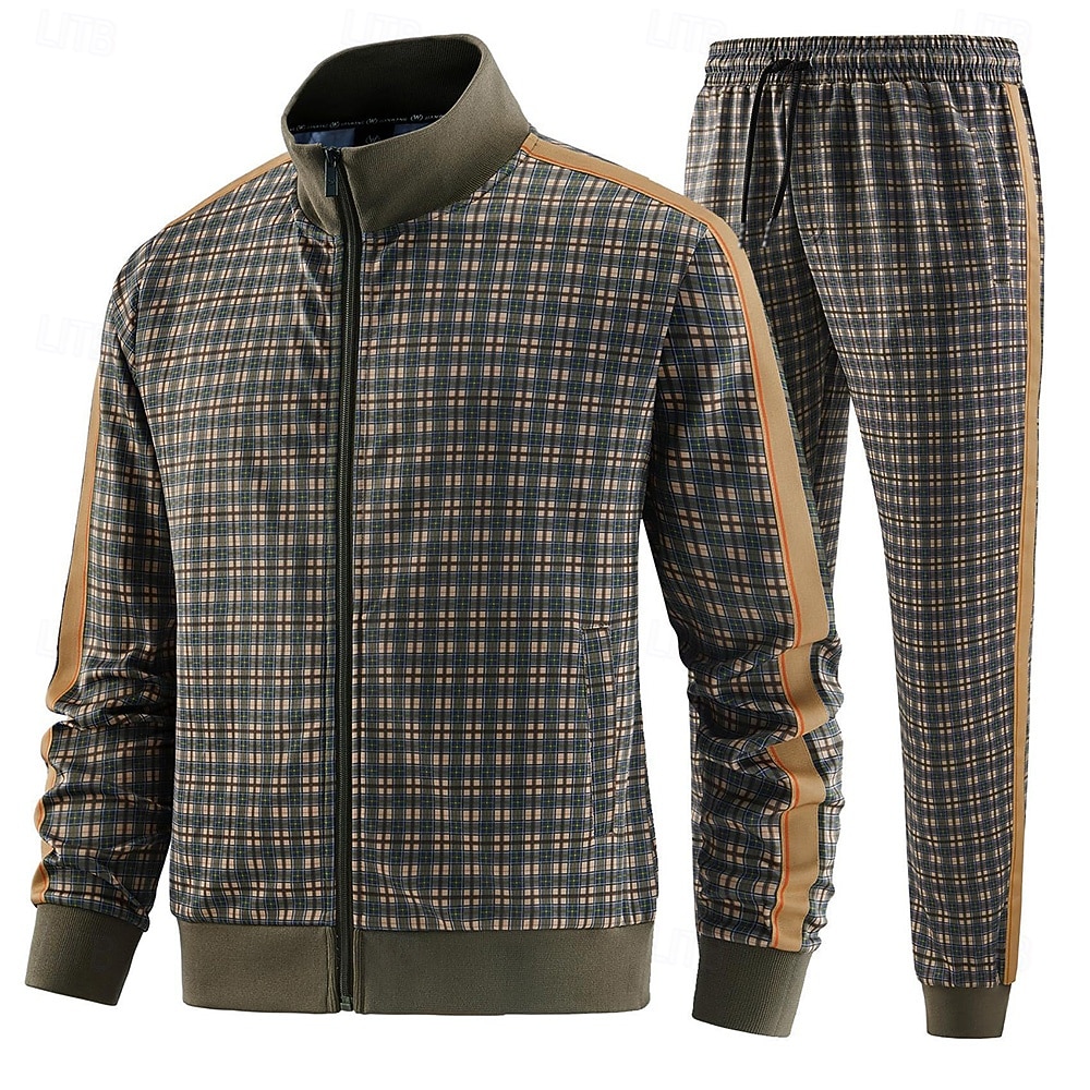 Herr Rutig Geometrisk 2st 3D-tröja set Träningsoverall Zip Up sweatshirts Långärmad Långa byxor Hög krage Ledigt vardag Utomhus Semester Sport Dragkedja 3D-utskrift Vår Höst Mörkbrun Brun Aprikos 2025 - $46.99 –P2