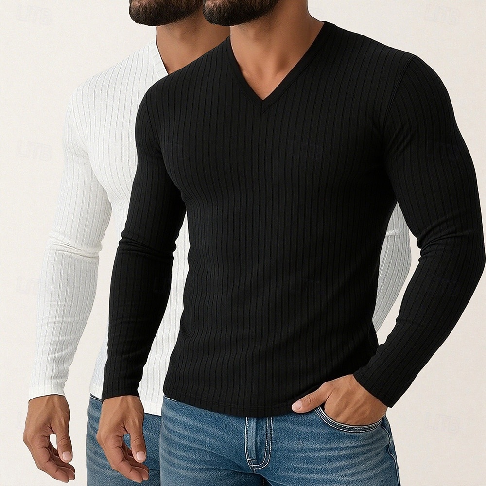 Homme T-shirt Débardeur Musclé T-shirt en tricot côtelé Chemise à Manches Longues manche longue Col en V Printemps Automne Hiver Uni Bande de Fosse Mode Designer Basique 2 pièces Tricot Pack multiple de 2026 ? $31.99 –P9