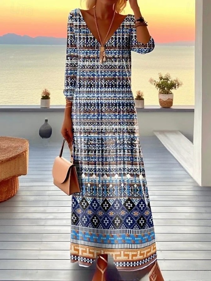Per donna Abito maxi Vestito T-Shirt Abito a trapezio Vacanza Casual Boho Uscire Vestibilità regolare Floreale Grafico Geometrico Manica Lunga Scollo a V Marrone chiaro Blu Marrone Primavera Autunno del 2025 a $38.99 –P2