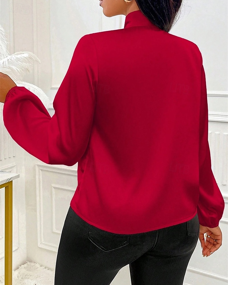 Women's Shirt Elegant Dressy Satin Top Bow Solid Color Elegant Stylish Basic Long Sleeve Tie Neck High Neck Regular Tops Daily Going out Red Spring Fall 2026 - $26.99 –P3