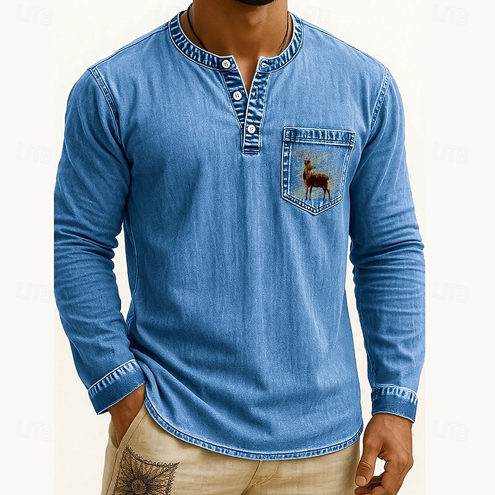Voor heren Henley-shirt T-shirts T-shirt Shirt met lange mouwen Lange mouw Henley Herfst Winter Rendier Hert Modieus Ontwerper Mode Wijnoogst Vakantie Straat Uitgaan Donker Bruin Marine Zwart Top 2025 - $38.99 –P8