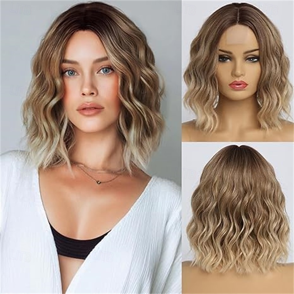 Perucă scurtă blondă ombre ondulată pentru femei, lungimea umărului de 12 inch, perucă bob ondulată, buclată, cu despărțire la mijloc, aspect natural, perucă sintetică rezistentă la căldură, pentru uz 2025 - $22.99 –P1