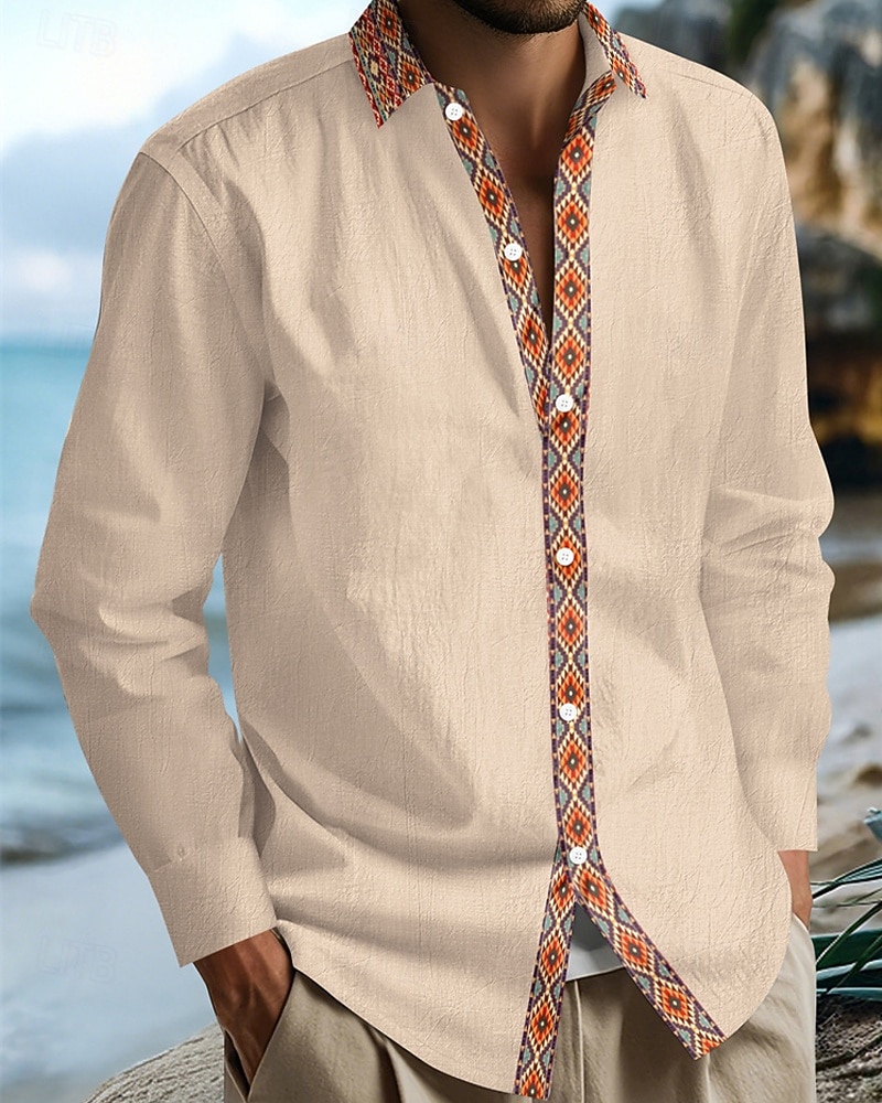 Herren Hemd Sommerhemd Freizeithemd Strandhemd Knopfhemd Schwarz Weiß Marineblau Kaki Leicht Blau Langarm Argyle Revers Urlaub Hawaiianisch Patchwork Bekleidung Leinen Mode Lässig Bequem 2025 - $22.99 –P12