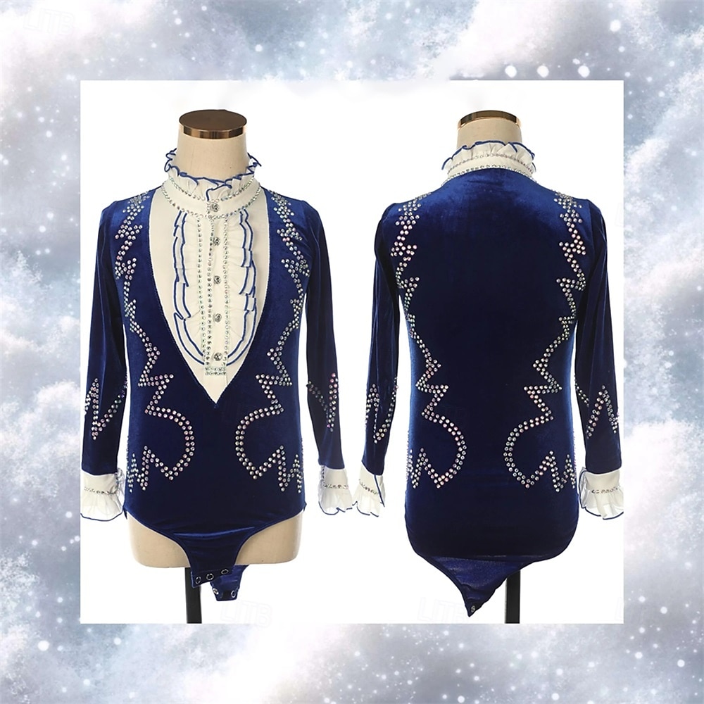 Figure Skating Top Men's Boys' Ice Skating Tops Blue White Patchwork Spandex High Elasticity Training Competition Skating Wear Classic Crystal / Rhinestone Long Sleeve Ice Skating Figure Skating 2026 - $446.29 –P2