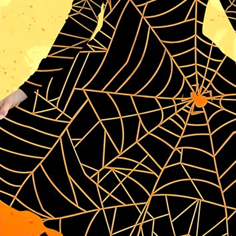 חג ליל כל הקדושים בנות ' תלת מימד גראפי שמלה שרוול ארוך קיץ אביב חופשה יומי חגים נסיכות יפה מתוק ילדים 4-12 שנים שמלת קז'ואל שמלה עם כיווץ במותן עד הברך רגיל 2025 - $16.99 –P3