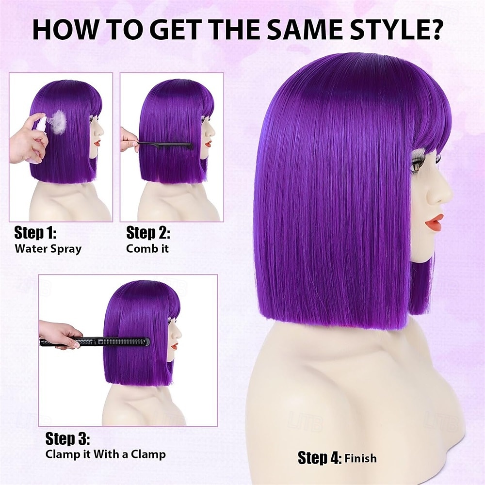 Purple Bob Wig With Bangs Short Straight Dark Purple Bob Wigs for Women Shoulder Length Heat Resistant Synthetic Flat Bang Wigs for Daily Party Cosplay Halloween or Fun 2026 - BHD 6.49 –P5
