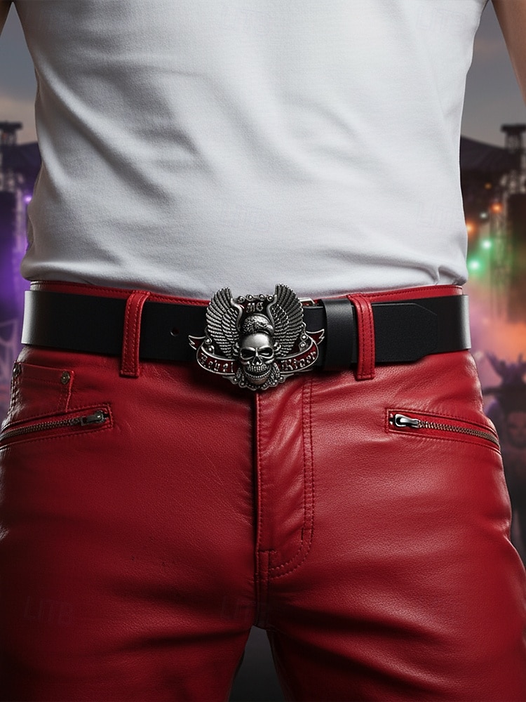 Ceinture en cuir véritable pour homme, motif Halloween, avec boucle tête de mort et aigle – Accessoire style motard gothique punk rock pour fêtes et festivals de 2025 ? $19.99 –P1
