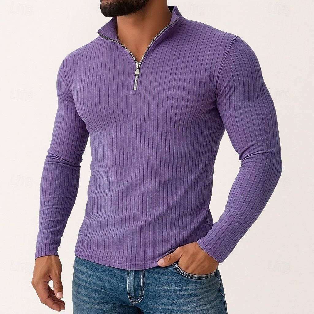Per uomo Maglietta Maglietta con Zip a Quarti Maglietta a Maglia a Coste Manica Lunga Zip a un quarto Primavera Autunno Inverno Semplice Striscia di Fossa Moda Designer Essenziale Lavoro a maglia del 2025 a $21.99 –P1