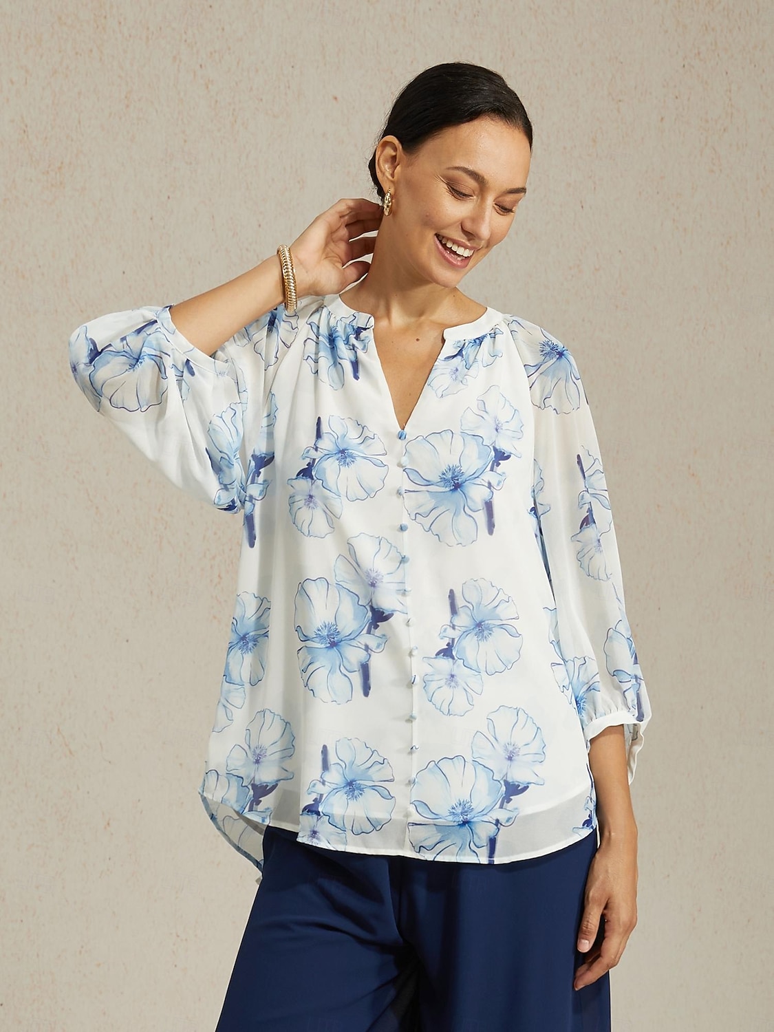 női sifon blúz tinta virágminta elegáns hétköznapi irodai tavasz nyár ősz 2025 - $72.99 –P5