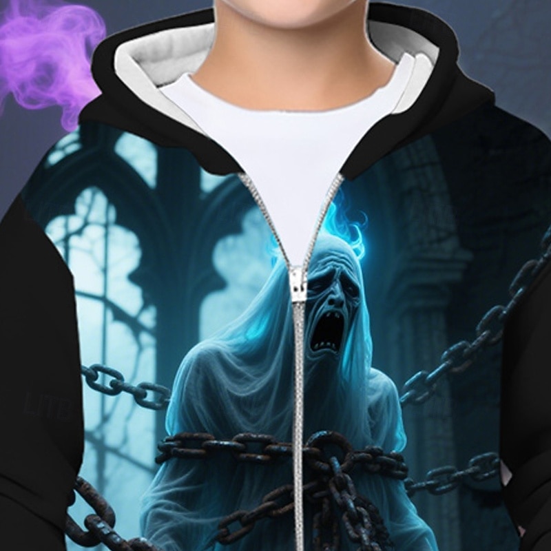 Halloween Pojkar 3D Spöke Huvtröja Kappa Ytterkläder Långärmad Vår Höst Förtjusande Sport Barn 4-12 år Blixtlås Gata Dagligen Normal 2025 - $18.99 –P2