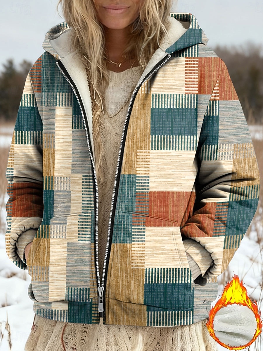Casaco de Inverno Feminino Jaqueta de Fleece Forrado com Fleece Jaqueta Casual Quente Bolso com Zíper Impressão Moda Casual Geométrica Rua Casual Ajuste Regular Capuz Manga Longa Roupas Externas de 2025 por $47.99 –P1