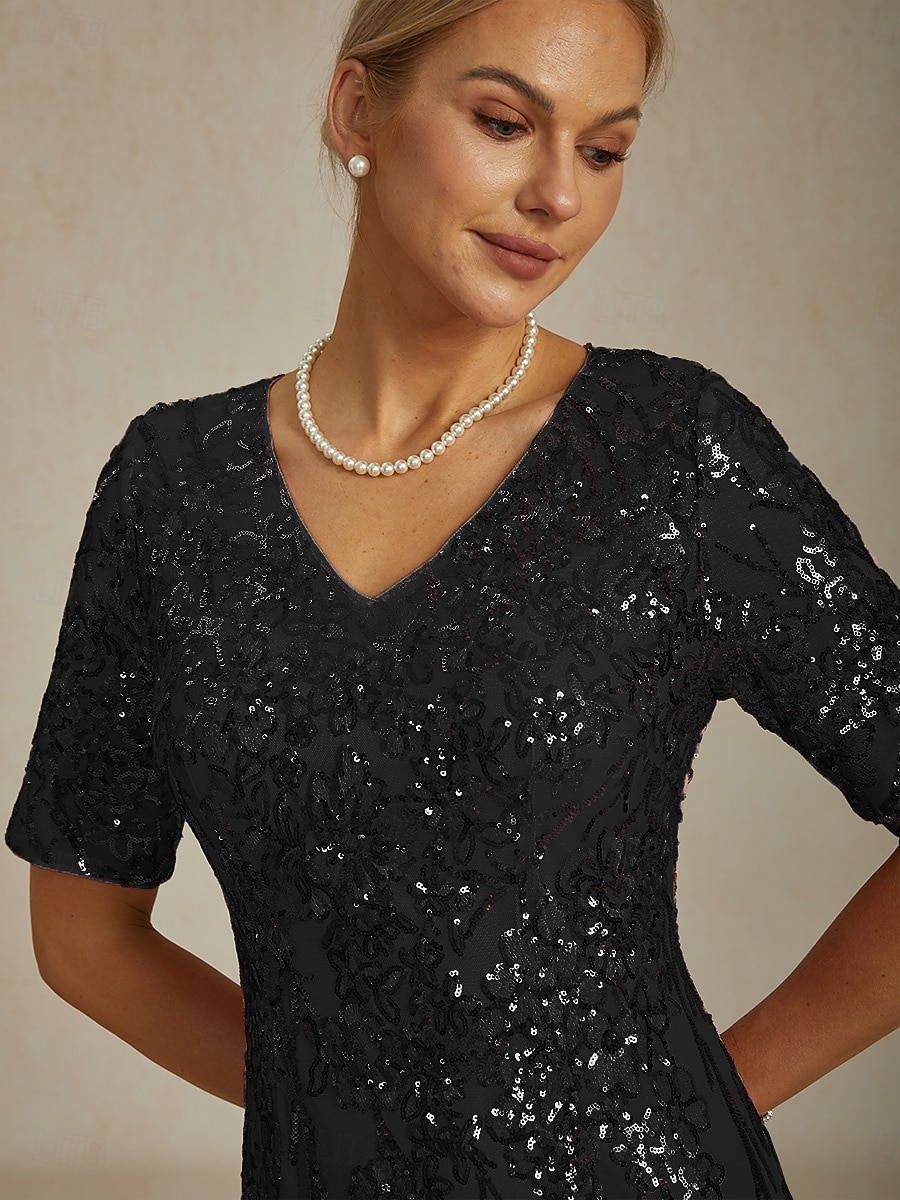 Mulheres Vestido midi Vestido de turno Elegante Festa Festa Casamento Paetês Bordado Purpurina Normal Floral Manga Curta Decote V Preto de 2026 por $139.99 –P4